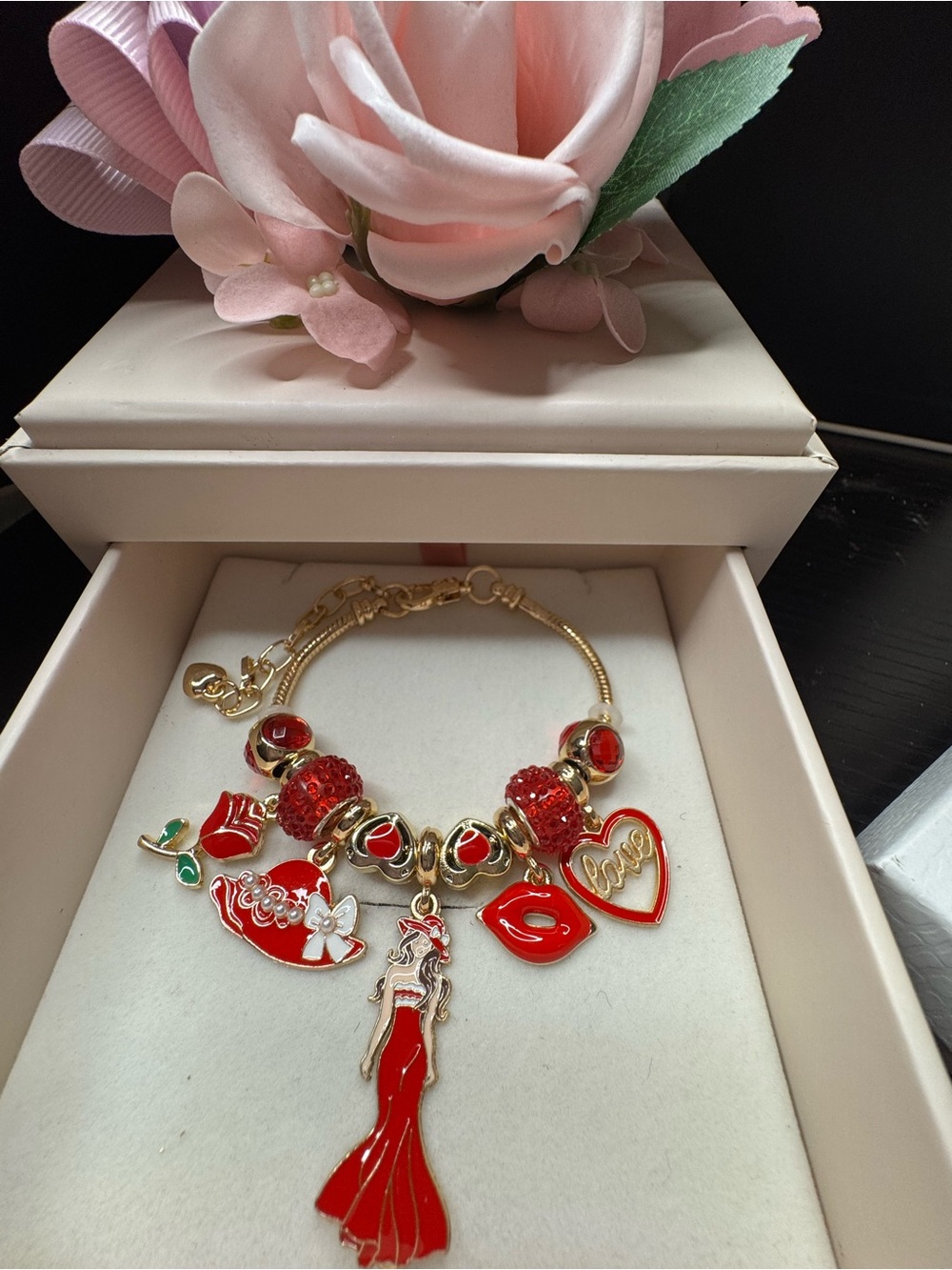 Gold Bracelet with Red Charm Pendants - Love & Red Dress Motif